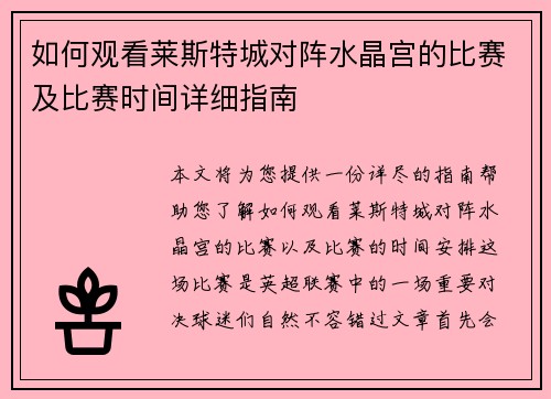 如何观看莱斯特城对阵水晶宫的比赛及比赛时间详细指南