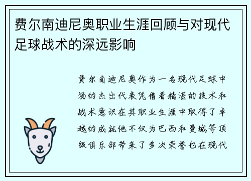 费尔南迪尼奥职业生涯回顾与对现代足球战术的深远影响 费尔南迪尼奥职业生涯回顾与对现代足球战术的深远影响