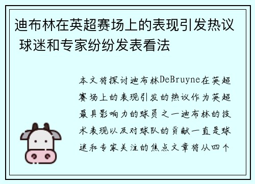 迪布林在英超赛场上的表现引发热议 球迷和专家纷纷发表看法